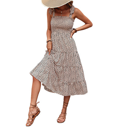 Leopard Print Midi Dress with Ruffle Tie Straps and Smocked Bodice