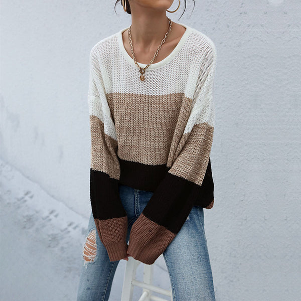 Loose Color-Blocked Knit Sweater with Crewneck