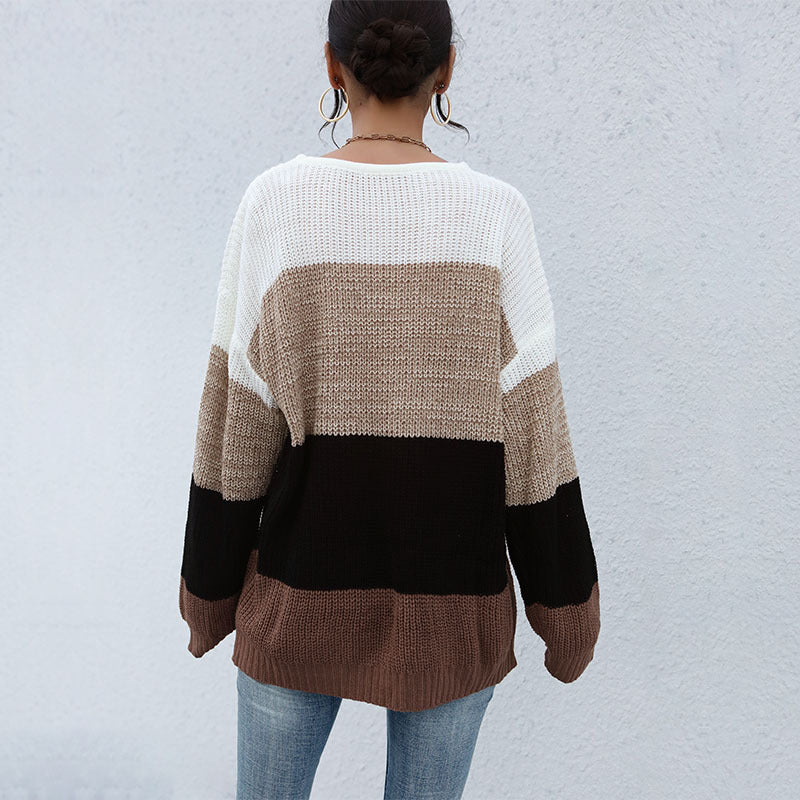 Loose Color-Blocked Knit Sweater with Crewneck