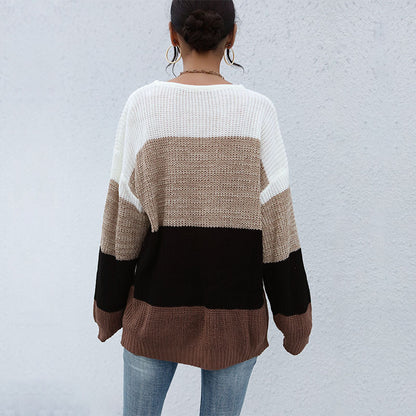 Loose Color-Blocked Knit Sweater with Crewneck