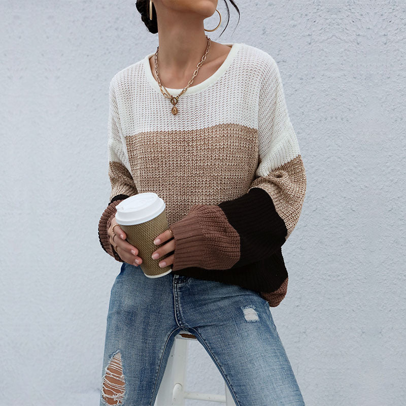 Loose Color-Blocked Knit Sweater with Crewneck