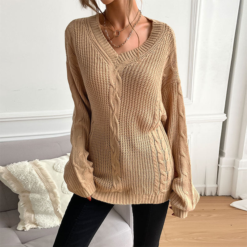 Oversized V-Neck Sweater with Cable Knit Detail