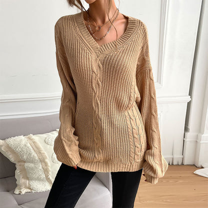 Oversized V-Neck Sweater with Cable Knit Detail