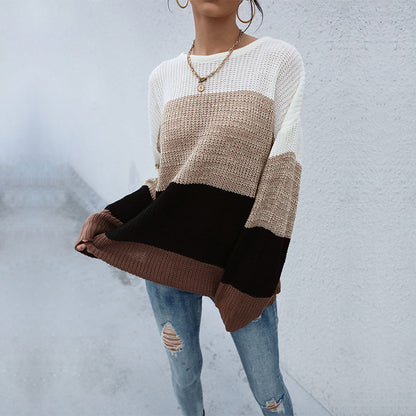 Loose Color-Blocked Knit Sweater with Crewneck