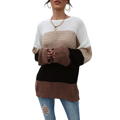 Loose Color-Blocked Knit Sweater with Crewneck