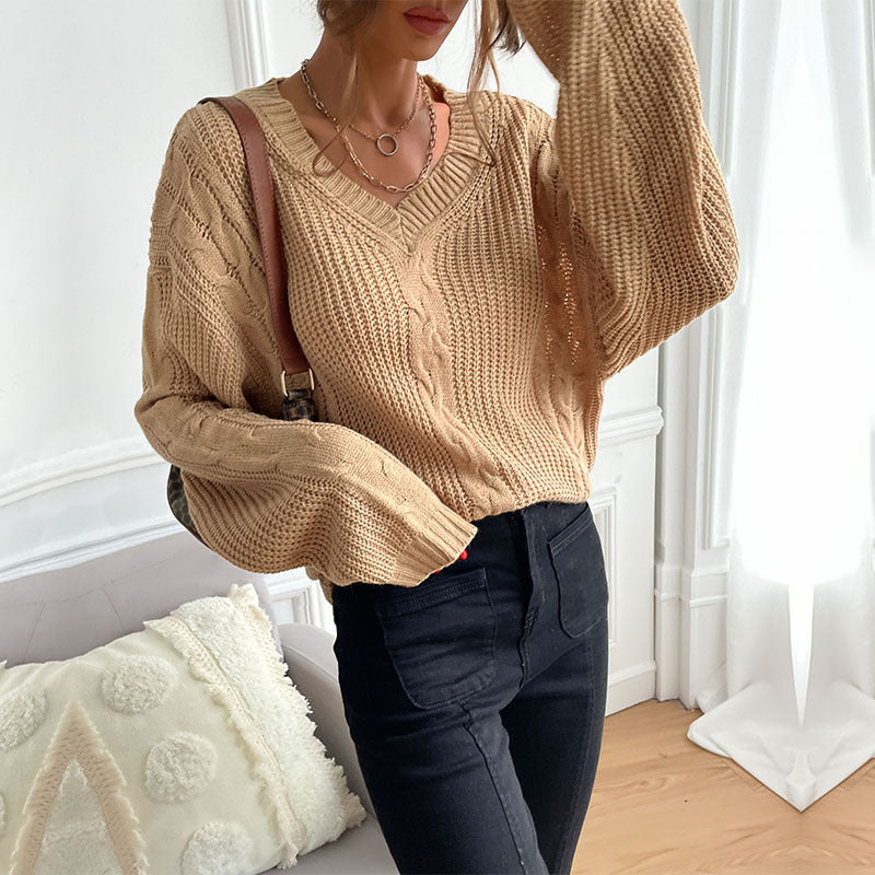 Oversized V-Neck Sweater with Cable Knit Detail