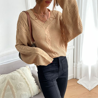 Oversized V-Neck Sweater with Cable Knit Detail