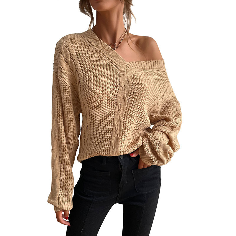 Oversized V-Neck Sweater with Cable Knit Detail