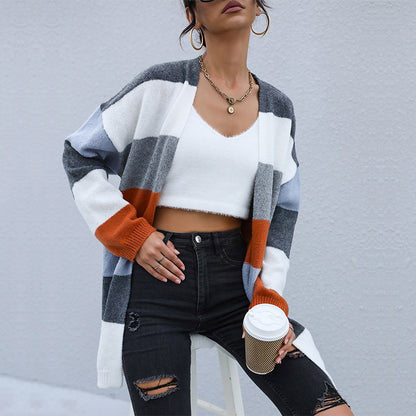 Color-Blocked Knit Cardigan with Open Front and Long Sleeves