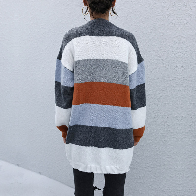 Color-Blocked Knit Cardigan with Open Front and Long Sleeves