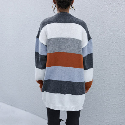 Color-Blocked Knit Cardigan with Open Front and Long Sleeves
