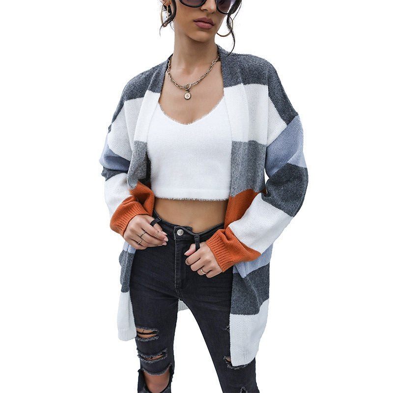 Color-Blocked Knit Cardigan with Open Front and Long Sleeves