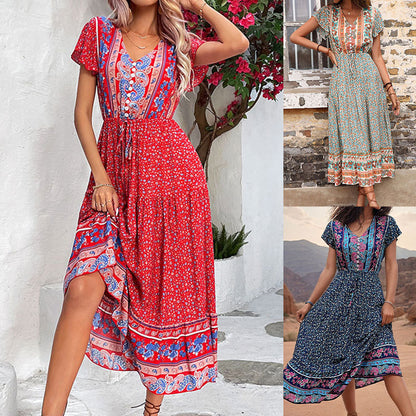 Ethnic Print A-Line Midi Dress with V-Neck