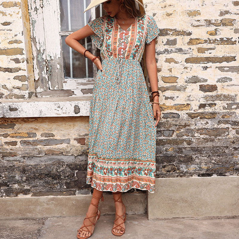 Ethnic Print A-Line Midi Dress with V-Neck