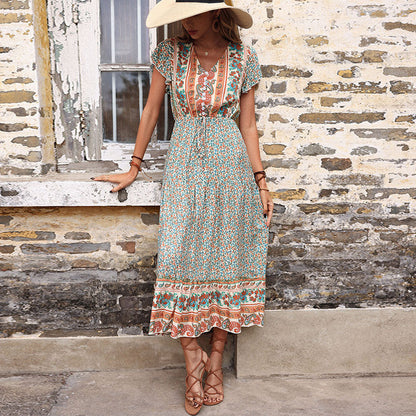 Ethnic Print A-Line Midi Dress with V-Neck