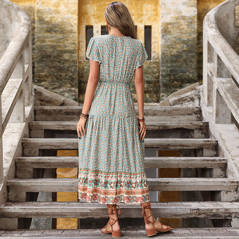 Ethnic Print A-Line Midi Dress with V-Neck