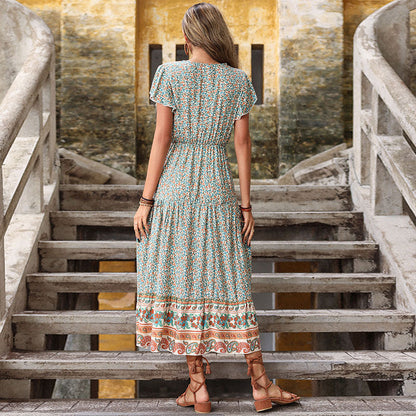 Ethnic Print A-Line Midi Dress with V-Neck