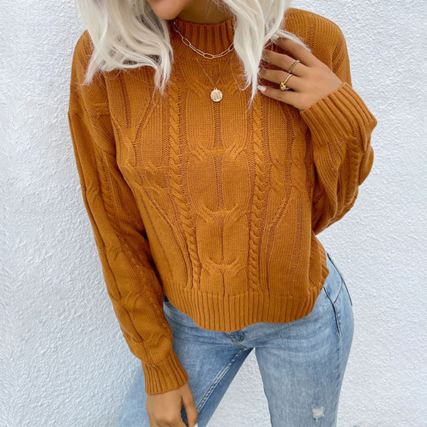 Loose Fit Cable Knit Pullover Sweater with Mock Neck