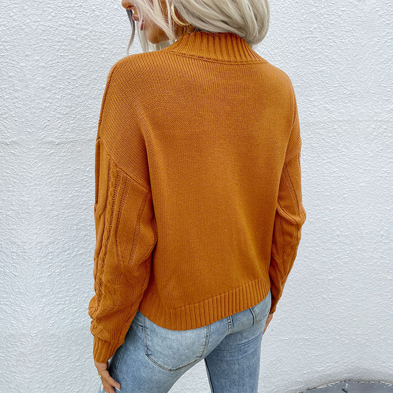Loose Fit Cable Knit Pullover Sweater with Mock Neck