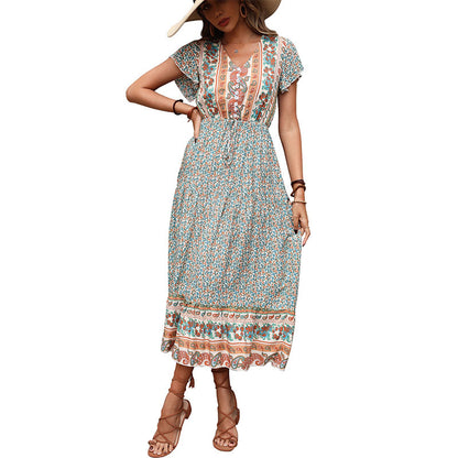 Ethnic Print A-Line Midi Dress with V-Neck