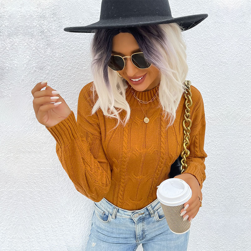 Loose Fit Cable Knit Pullover Sweater with Mock Neck