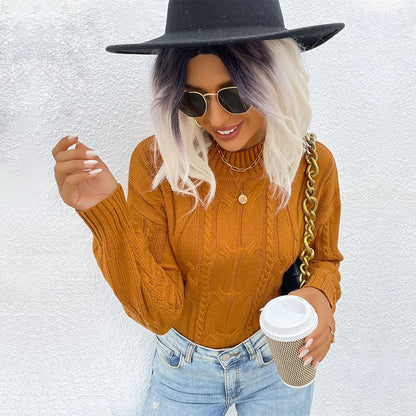 Loose Fit Cable Knit Pullover Sweater with Mock Neck