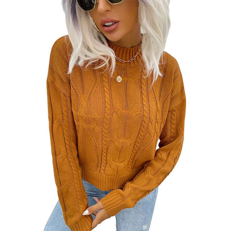Loose Fit Cable Knit Pullover Sweater with Mock Neck