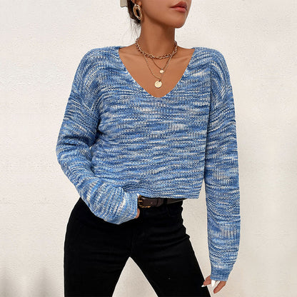Cropped Marled Knit Sweater with V-Neck