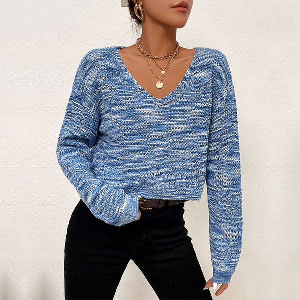 Cropped Marled Knit Sweater with V-Neck
