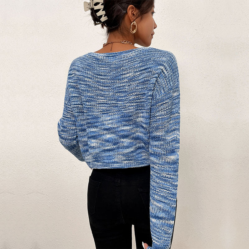 Cropped Marled Knit Sweater with V-Neck