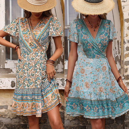 Ethnic Floral Print Wrap Dress with V-Neck