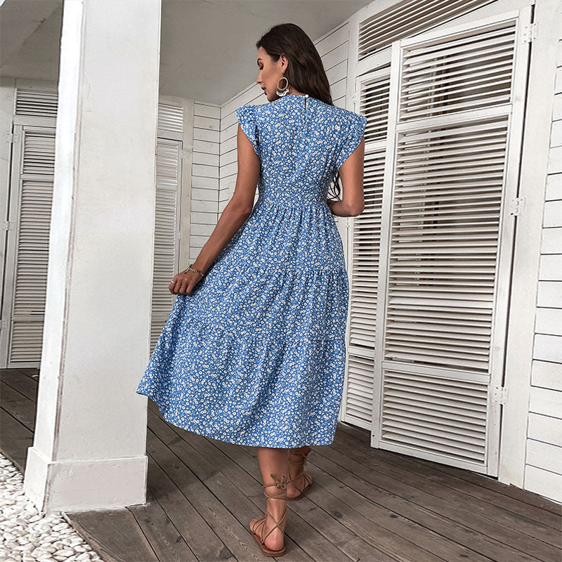 Floral A-Line Midi Dress with Feifei Sleeves and High Waist