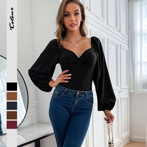 Bodycon Bodysuit with Sweetheart Neck and Puff Sleeves