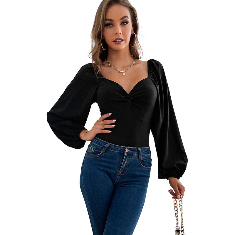 Bodycon Bodysuit with Sweetheart Neck and Puff Sleeves