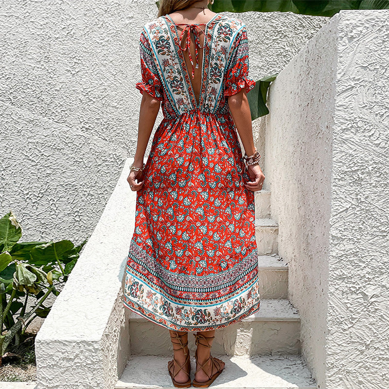 Ethnic Print High-Waist Dress with High-Low Hem