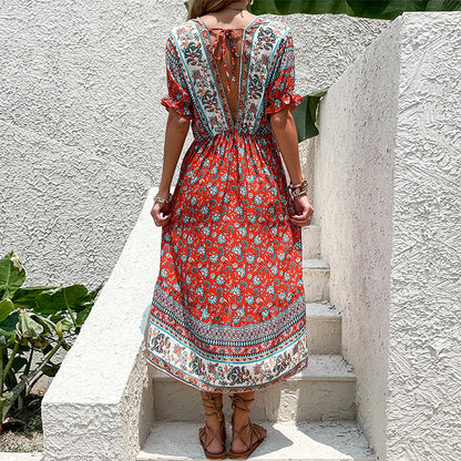 Ethnic Print High-Waist Dress with High-Low Hem