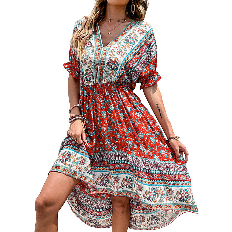 Ethnic Print High-Waist Dress with High-Low Hem