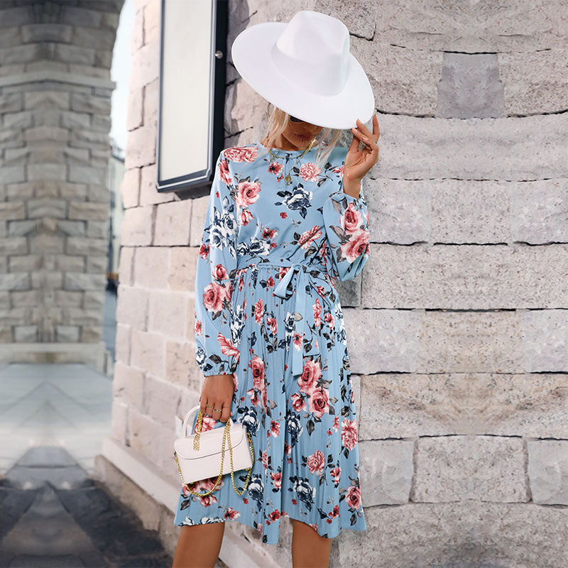 Floral Print Pleated Midi Dress with Long Sleeves
