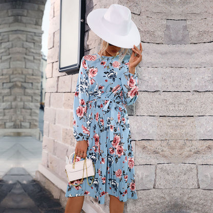 Floral Print Pleated Midi Dress with Long Sleeves
