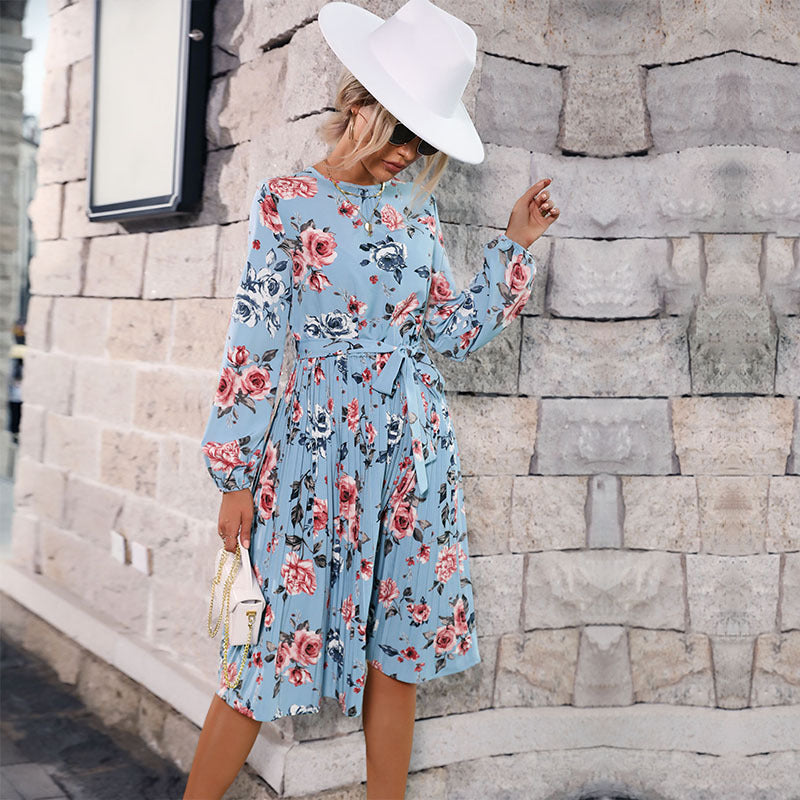 Floral Print Pleated Midi Dress with Long Sleeves