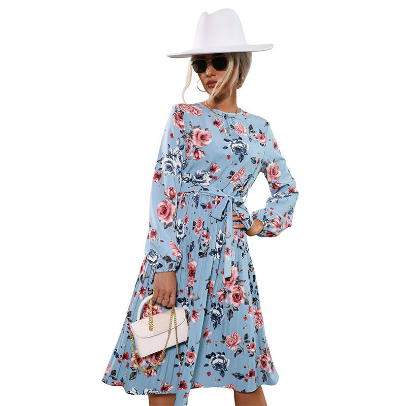 Floral Print Pleated Midi Dress with Long Sleeves
