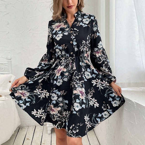 Floral Print A-Line Mini Dress with V-Neck and Drawstring Waist
