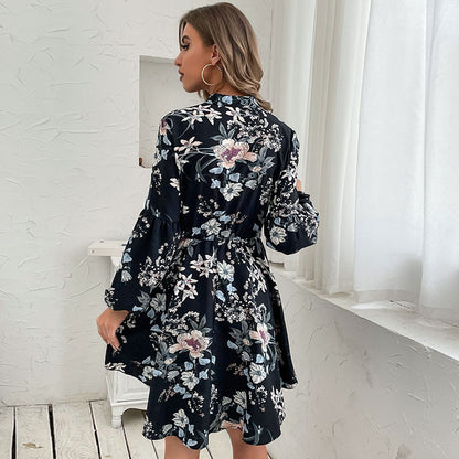 Floral Print A-Line Mini Dress with V-Neck and Drawstring Waist