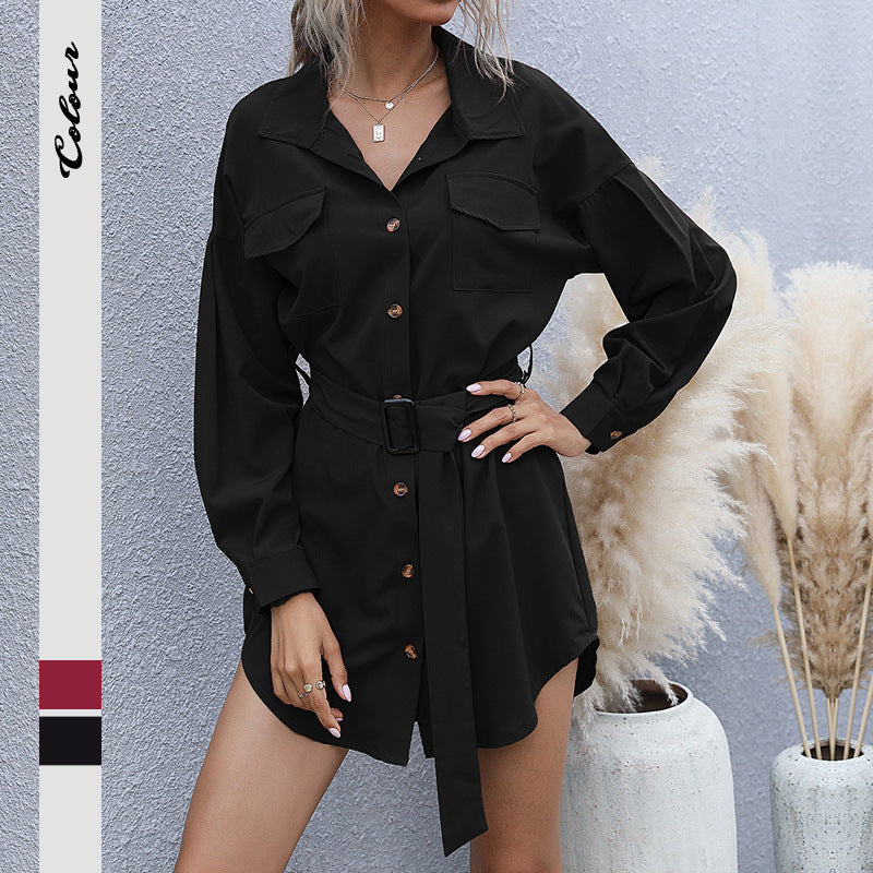 Solid Long-Sleeve Lapel Shirt Dress with Belted Waist