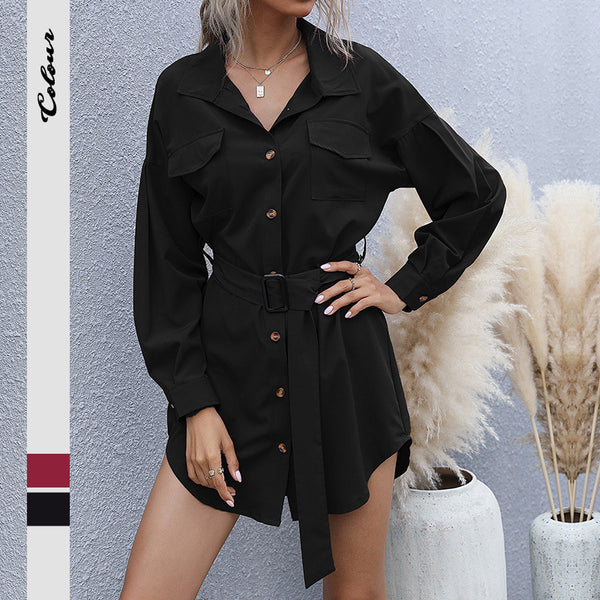 Solid Long-Sleeve Lapel Shirt Dress with Belted Waist