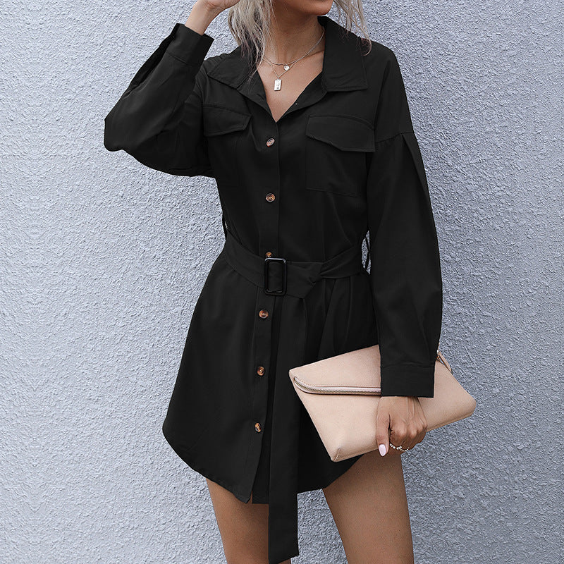 Solid Long-Sleeve Lapel Shirt Dress with Belted Waist