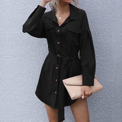 Solid Long-Sleeve Lapel Shirt Dress with Belted Waist