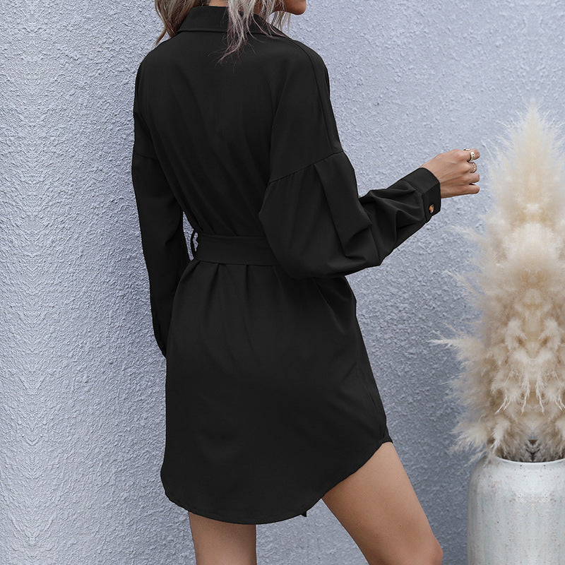 Solid Long-Sleeve Lapel Shirt Dress with Belted Waist