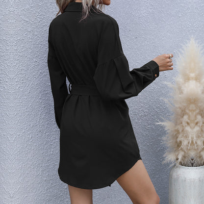Solid Long-Sleeve Lapel Shirt Dress with Belted Waist