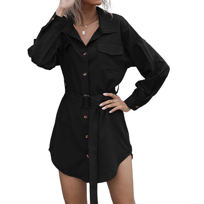 Solid Long-Sleeve Lapel Shirt Dress with Belted Waist